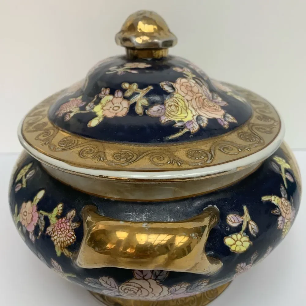 Antique Hand-Painted Porcelain Tureen Chinoiserie Satsuma style Blue Gold Gilt